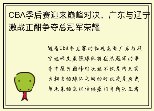CBA季后赛迎来巅峰对决，广东与辽宁激战正酣争夺总冠军荣耀