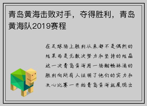 青岛黄海击败对手，夺得胜利，青岛黄海队2019赛程