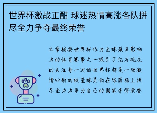 世界杯激战正酣 球迷热情高涨各队拼尽全力争夺最终荣誉